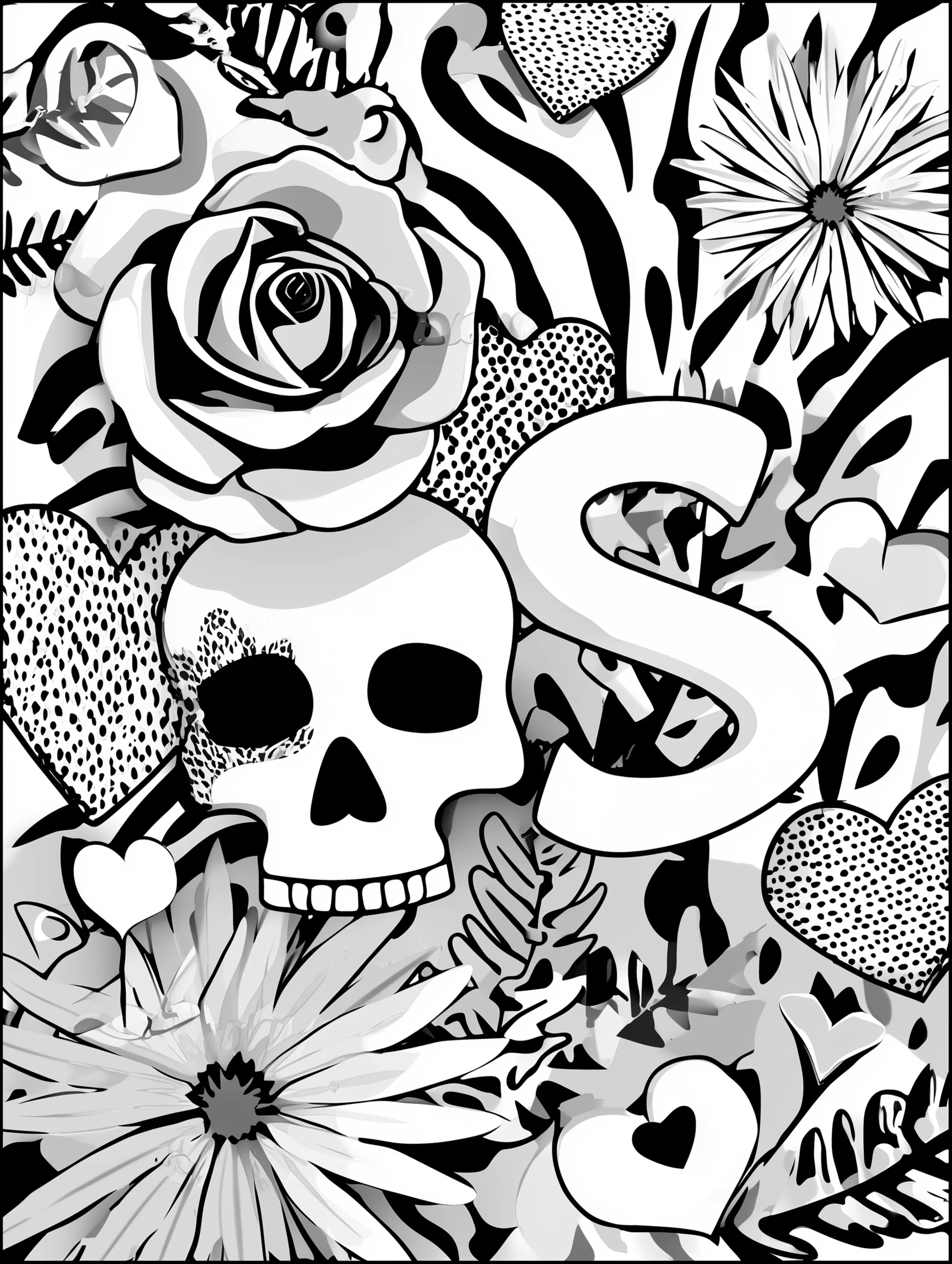 Free printable letter coloring page for adults featuring the letter S with skull and floral details